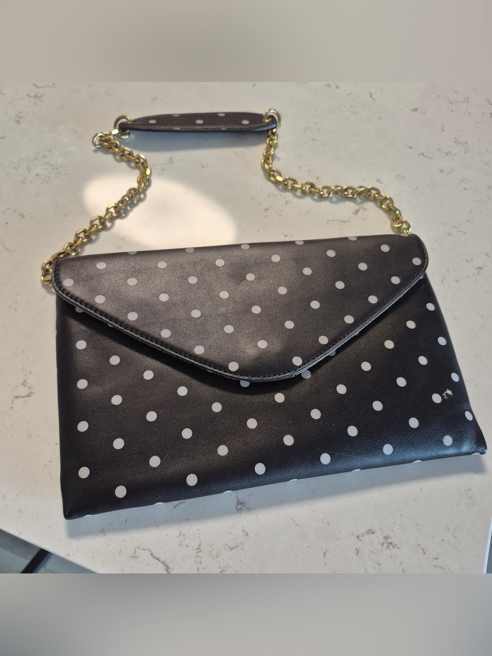 J. Crew Black Polka Dot Envelope Clutch with Gold Chain